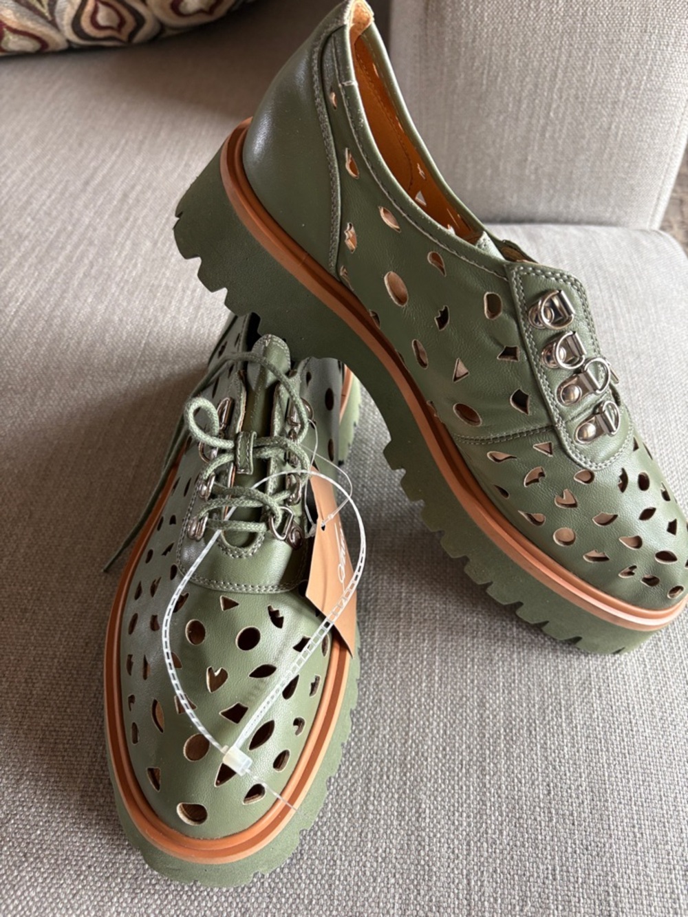 Olive Green Perforated Lace-Up Platform Boots